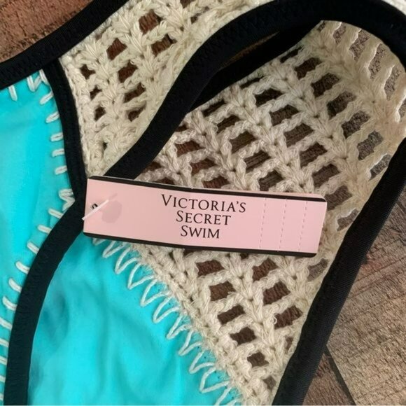 Victoria secret womens crochet boho bikini bottom in teal and tan -S - Picture 8 of 8